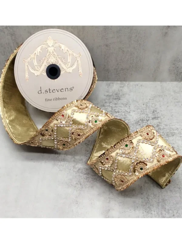 Jewel Sequin Floral Diamond Pattern 2.5 in. x 5 yd. Gold W/ Metallic Dupion