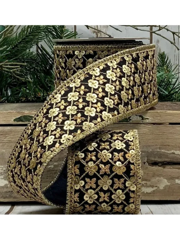 Sequin Trim 2.5 in. x 5 yd. Black W/ Metallic Dupion