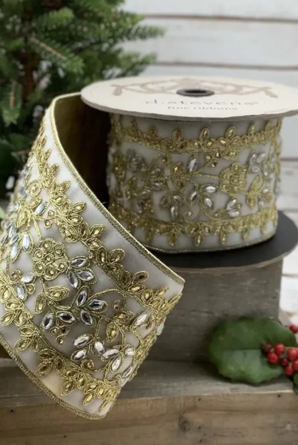 Velvet Floral Trim 4 in. x 5 yd. White/Gold W/Metallic Gold Back